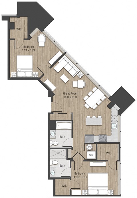 Floor plan for 2 beds, 2 baths, 1155 sqft